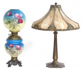 TWO TABLE LAMPS, ONE WITH SLAG