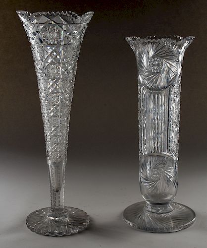 TWO TALL CUT CRYSTAL VASES OF