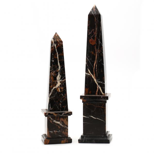 TWO TALL MARBLE OBELISKS ON PLINTHS