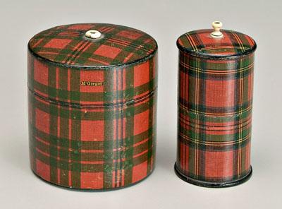 Two tartanware string boxes: both
