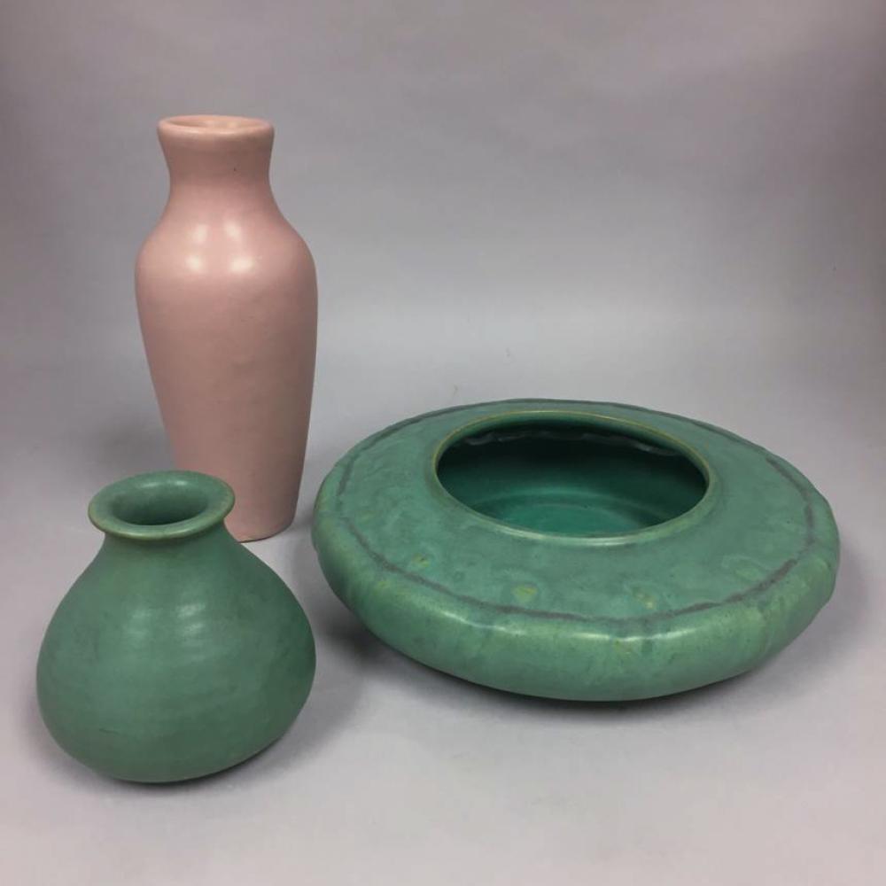 TWO TECO ART POTTERY VASES AND A