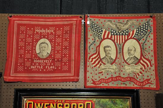 TWO TEDDY ROOSEVELT CAMPAIGN FLAGS.