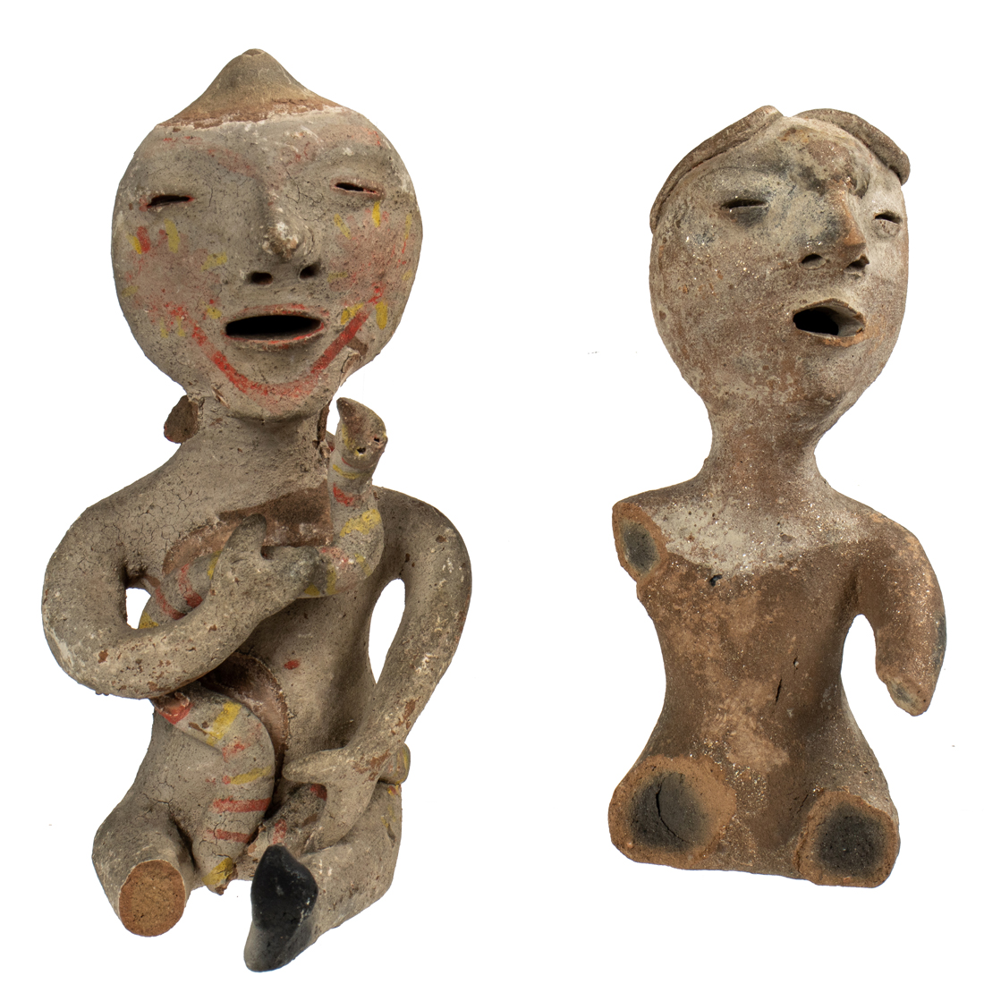 TWO TESUQUE PUEBLO CLAY SEATED