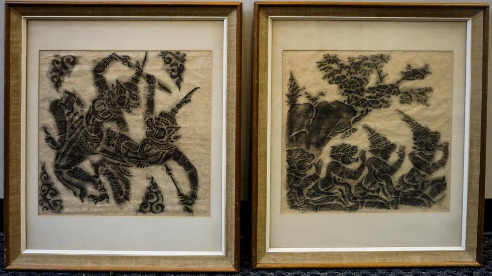 TWO THAI TEMPLE RUBBINGS, FRAMED: