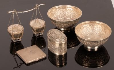 Two Thai white metal bowls,