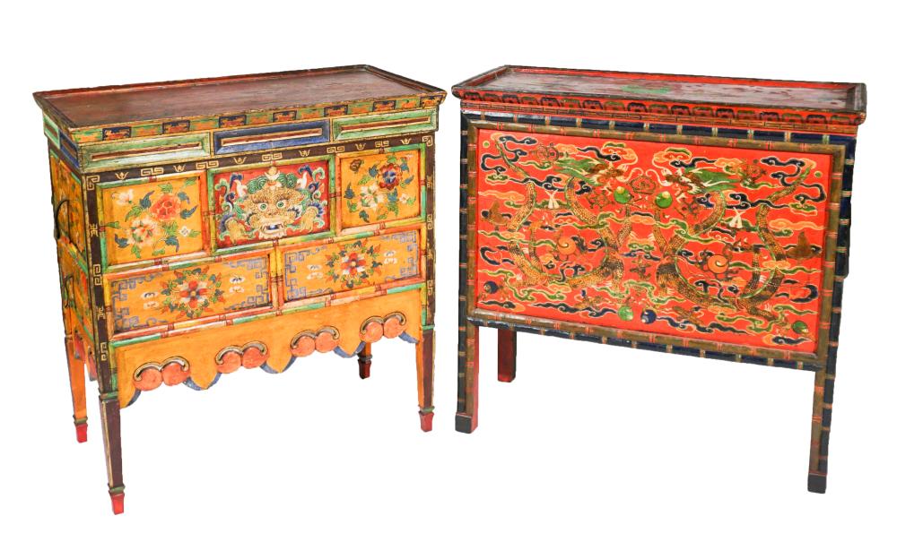 TWO TIBETAN POLYCHROME PAINTED WOOD