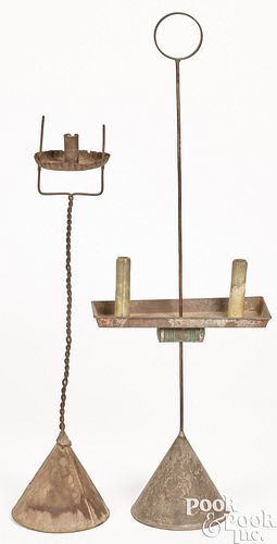 TWO TIN ADJUSTABLE CANDLESTANDS,