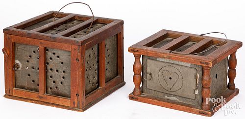 TWO TIN AND WALNUT FOOTWARMERS,