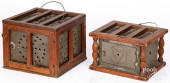 TWO TIN AND WALNUT FOOTWARMERS