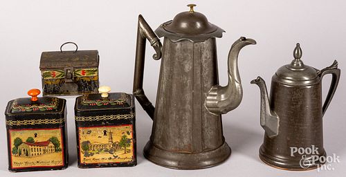 TWO TIN COFFEEPOTS, ETC.Two tin