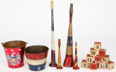 TWO TIN SAND PAILS, TIN HORNS,