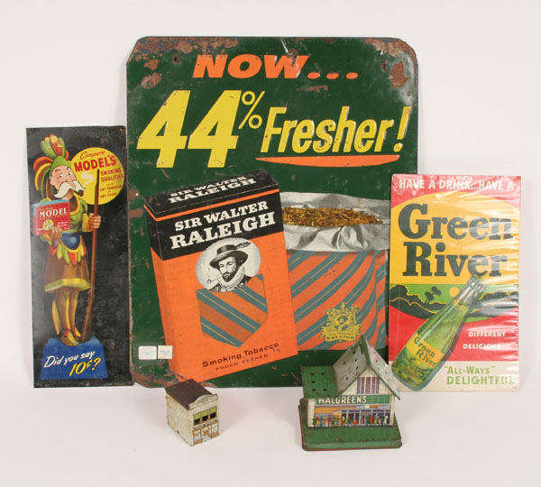 Two tin tobacco signs, Walgreens