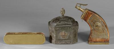 Two tobacco boxes, powder horn: