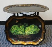 TWO TOLE DECORATED TRAYS AND E