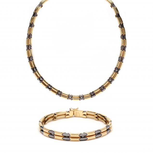 TWO TONE NECKLACE AND BRACELET SET,