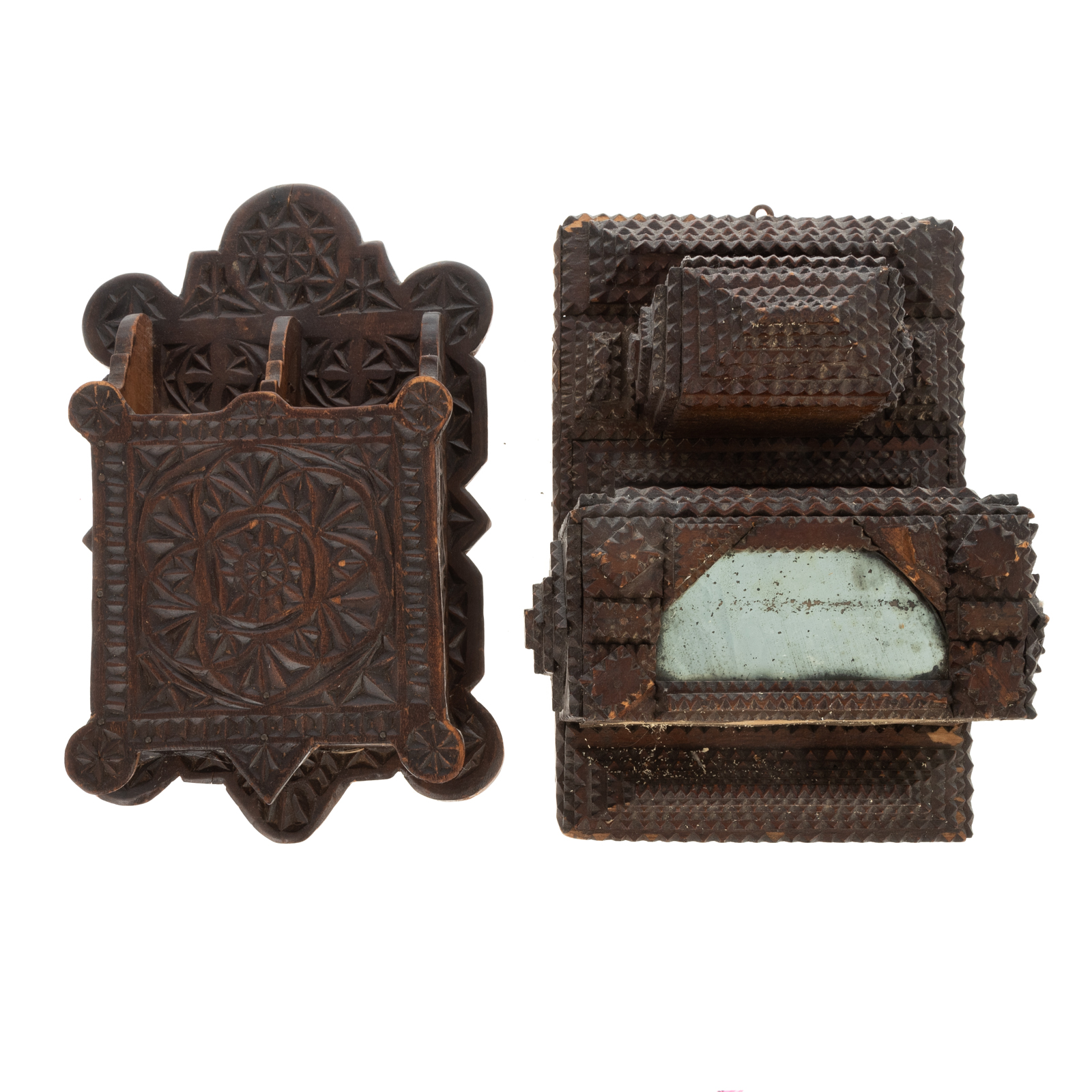 TWO TRAMP ART CARVED WALL POCKETS