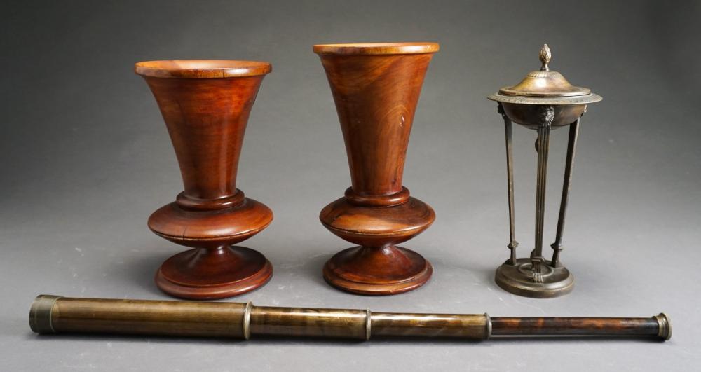TWO TURNED FRUITWOOD URNS, A LIDDED