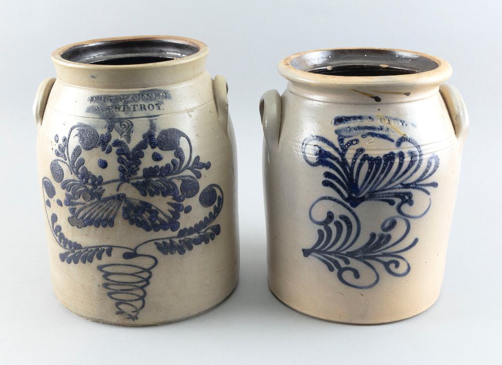 TWO TWO-GALLON STONEWARE CROCKS