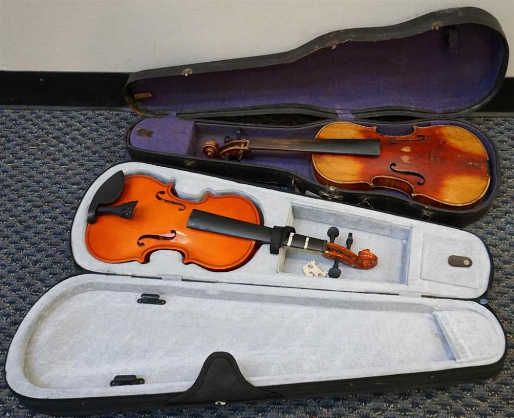TWO UNSTRUNG DISTRESSED STAINED
