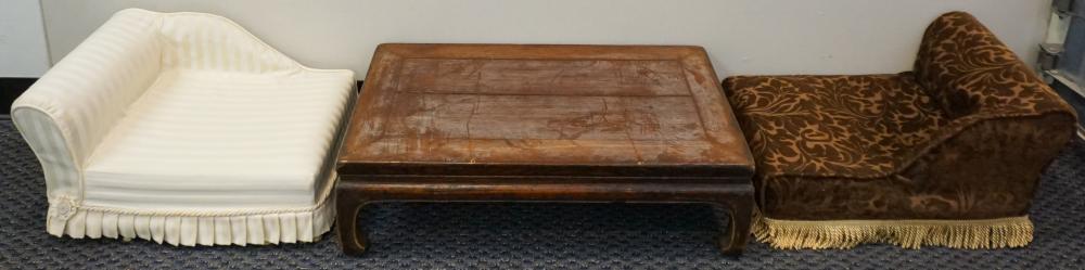 TWO UPHOLSTERED DOG BEDS AND A