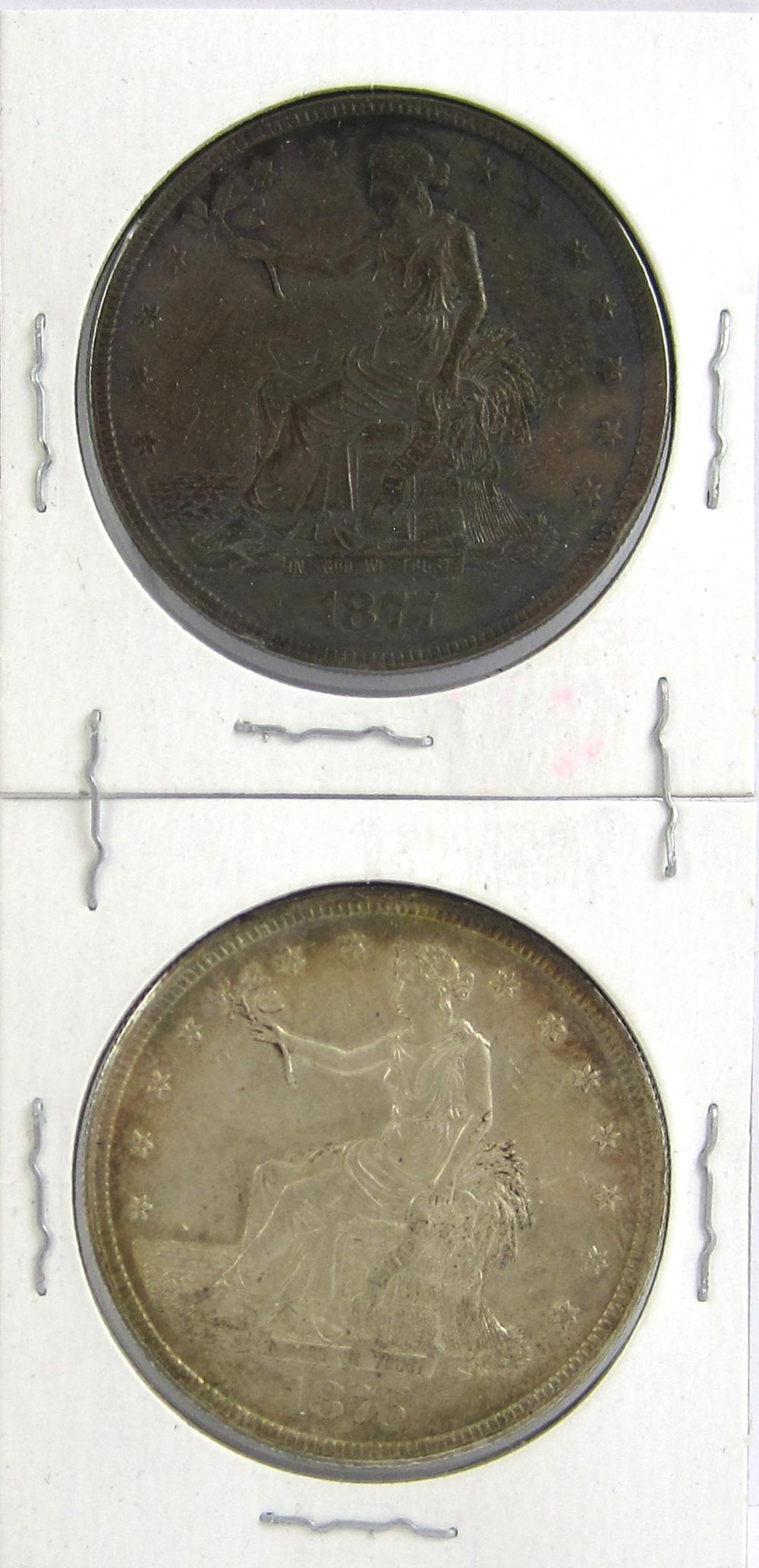 TWO U.S. SILVER TRADE DOLLARS: