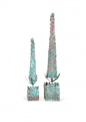 TWO VERDIGRIS COPPER TOPIARY T