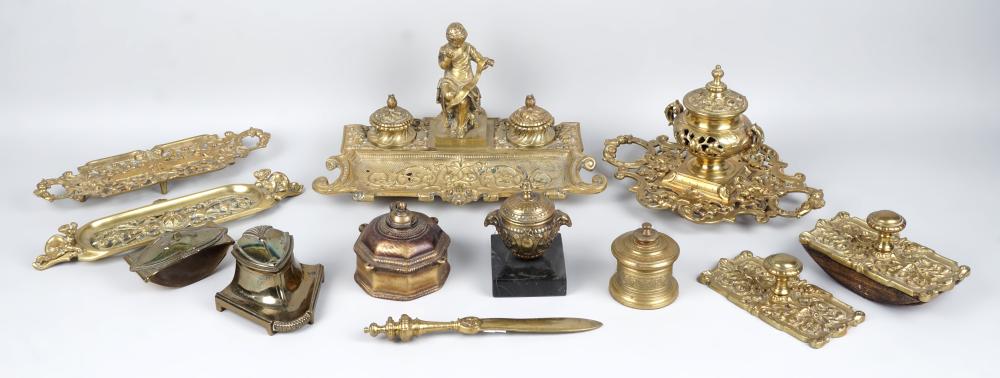 TWO VICTORIAN BRASS INKWELLS AND
