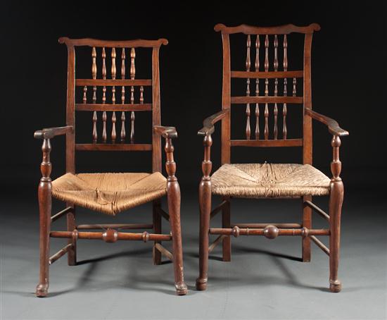 Two Victorian elmwood rush-seat