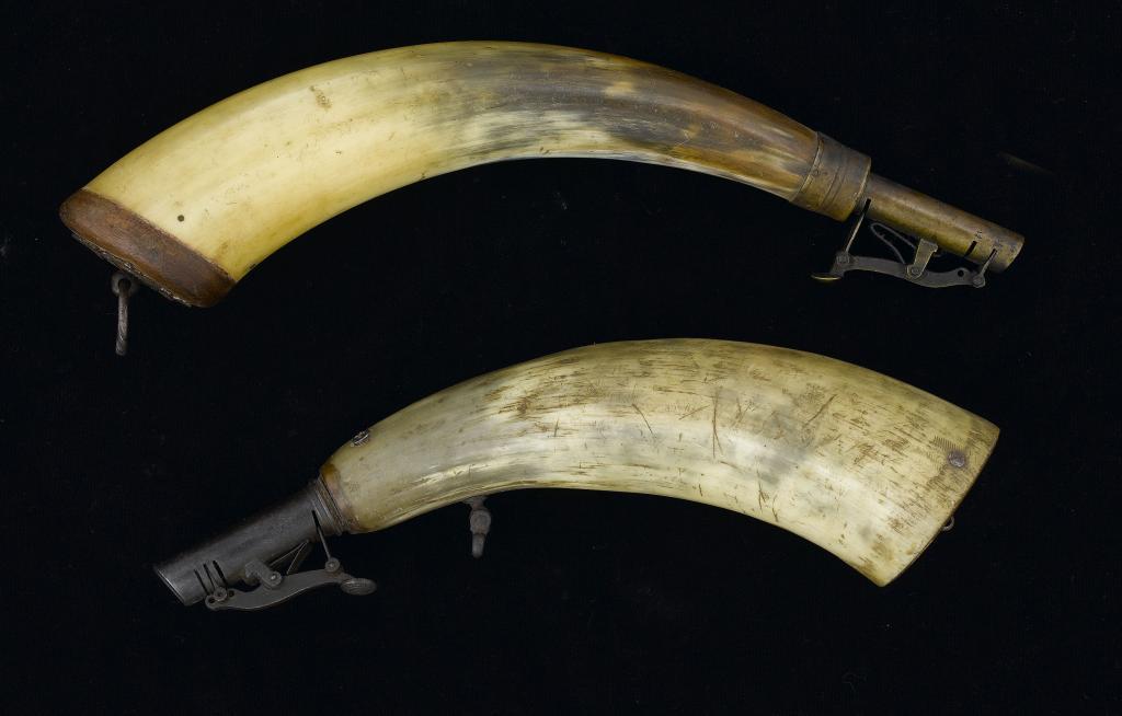 TWO VICTORIAN HORN SHOT FLASKS with
