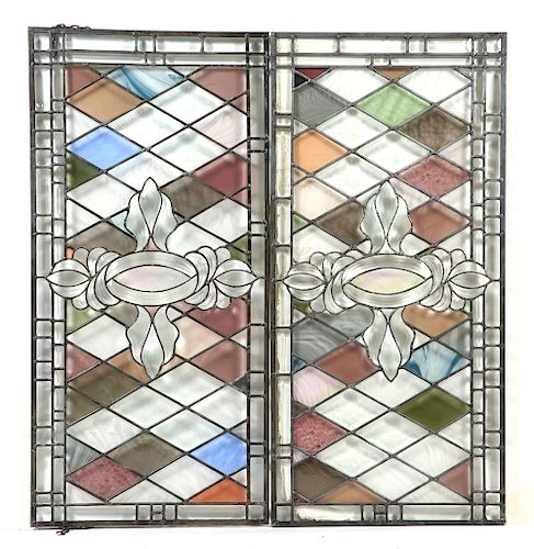 TWO VICTORIAN STAINED AND BEVELED