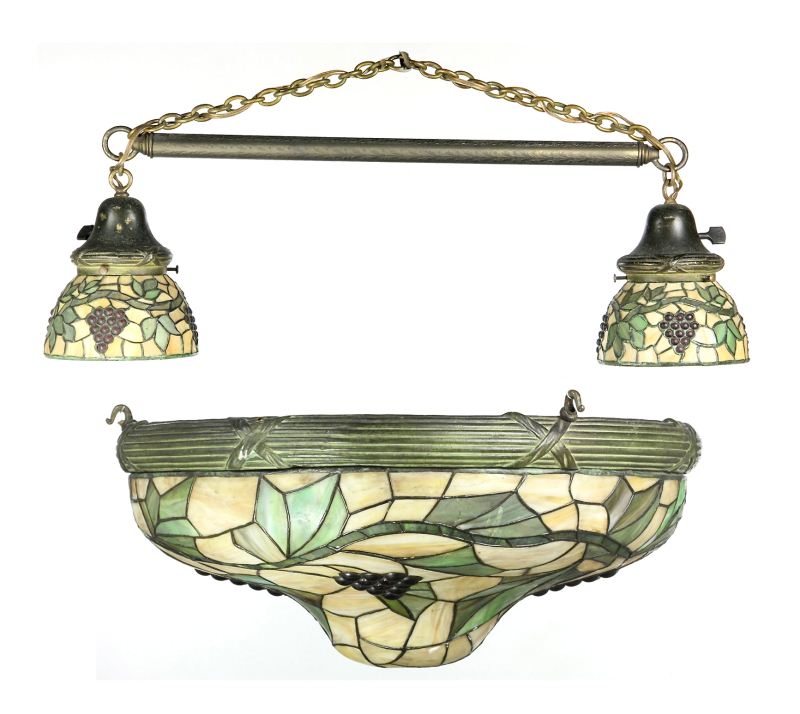 Two Vintage Bronze and Slag Glass