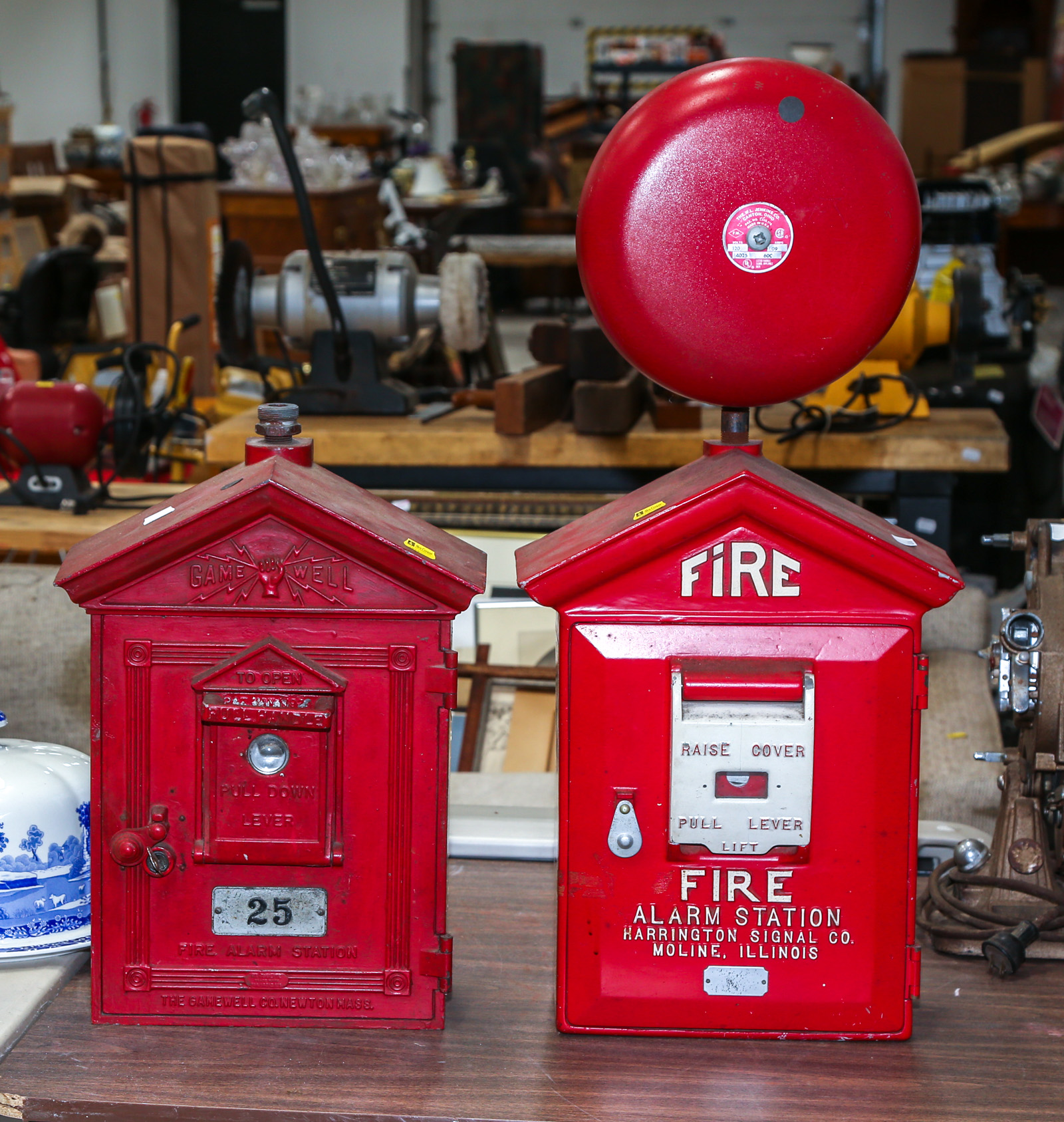 TWO VINTAGE CAST ALUMINUM FIRE CALL
