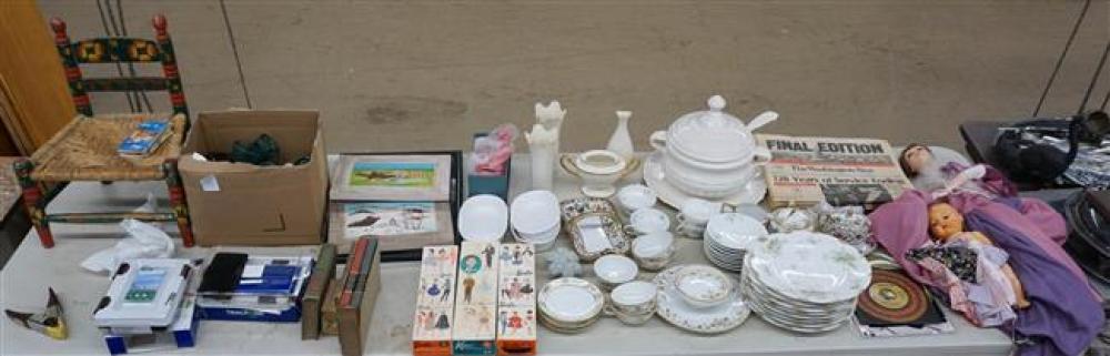 TWO VINTAGE DOLLS, PORCELAIN DINNER