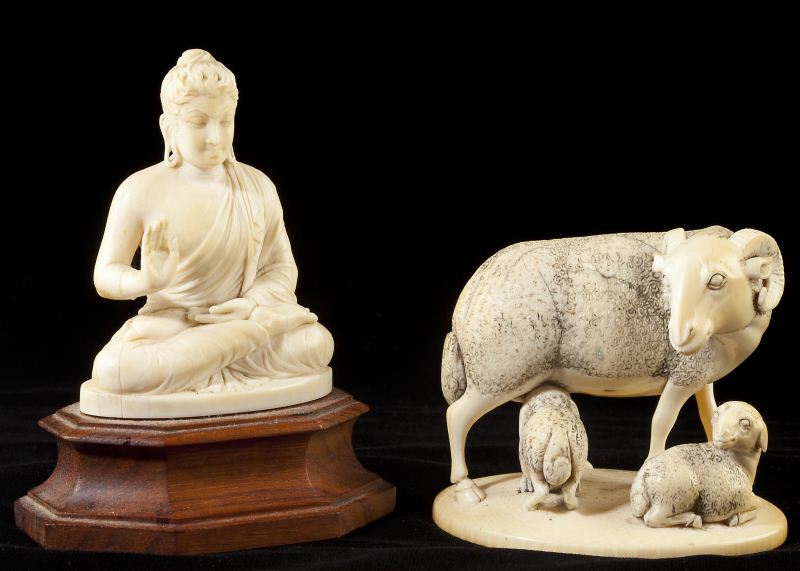 Two Vintage Ivory Carvingsa sheep