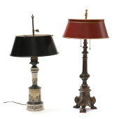 TWO VINTAGE TOLE SHADE TABLE L
