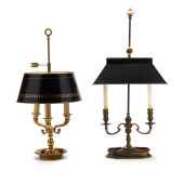 TWO VINTAGE TOLE SHADE TABLE L