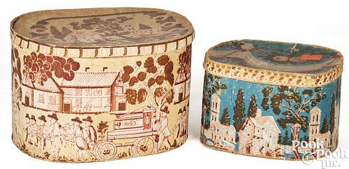 TWO WALLPAPER HAT BOXES, 19TH C.Two