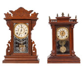 TWO WALNUT SHELF CLOCKS<br>Two