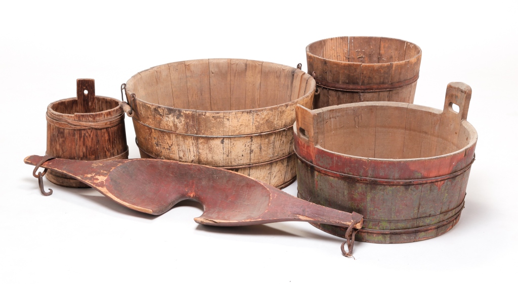 TWO WASHTUBS, TWO BUCKETS AND YOKE.