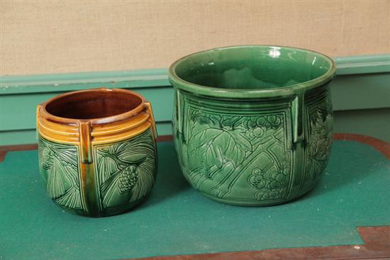 TWO WELLER JARDINIERES. Green shiny