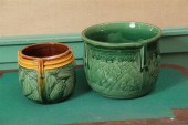 TWO WELLER JARDINIERES. Green