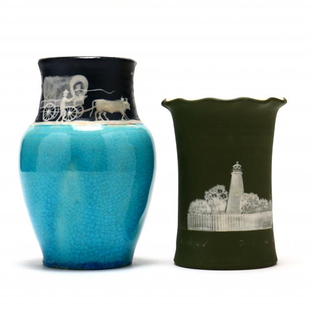 TWO WESTERN NC SLIP DECORATED VASES
