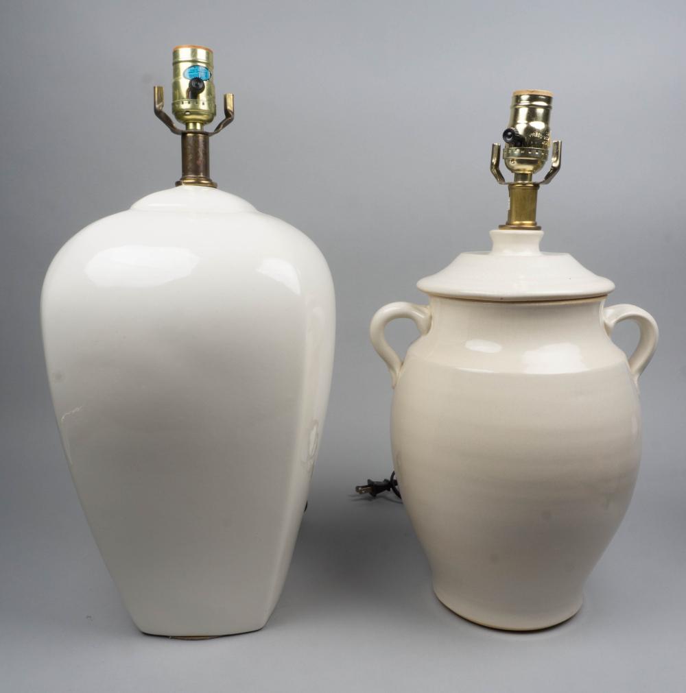 TWO WHITE CERAMIC TABLE LAMPS