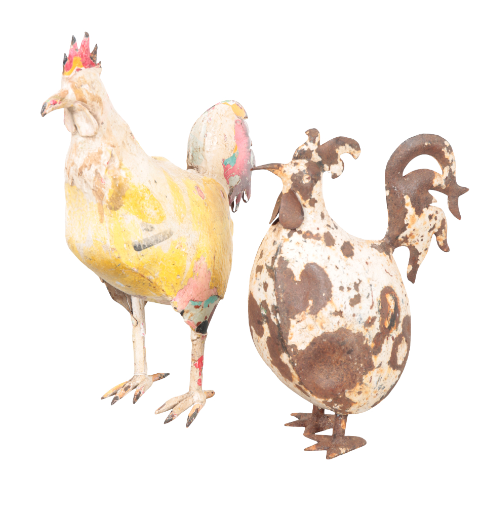 TWO WHITE-PAINTED METAL COCKERELS