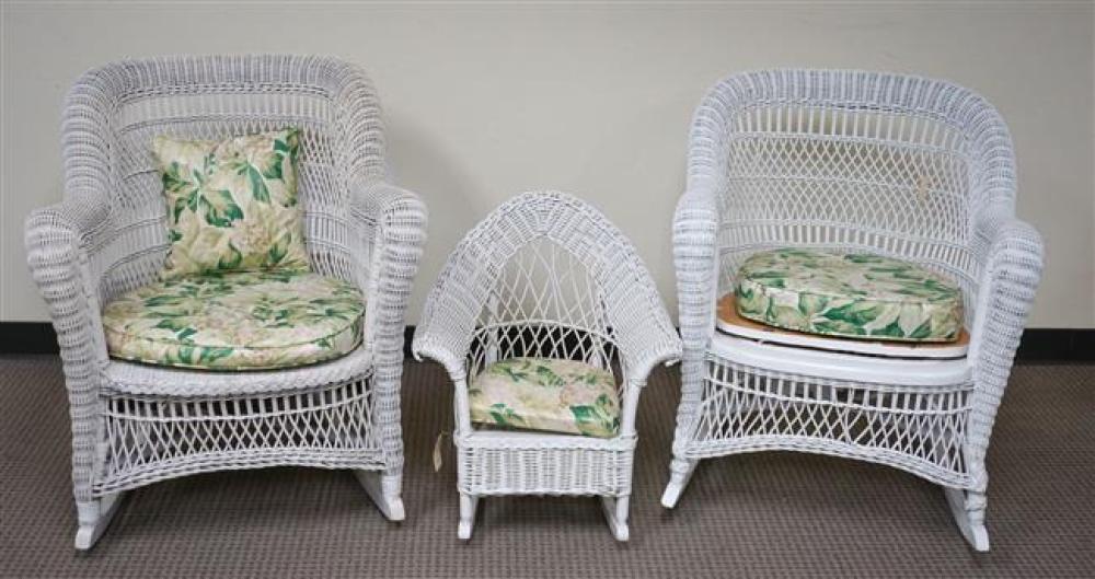 TWO WHITE PAINTED WICKER ARM