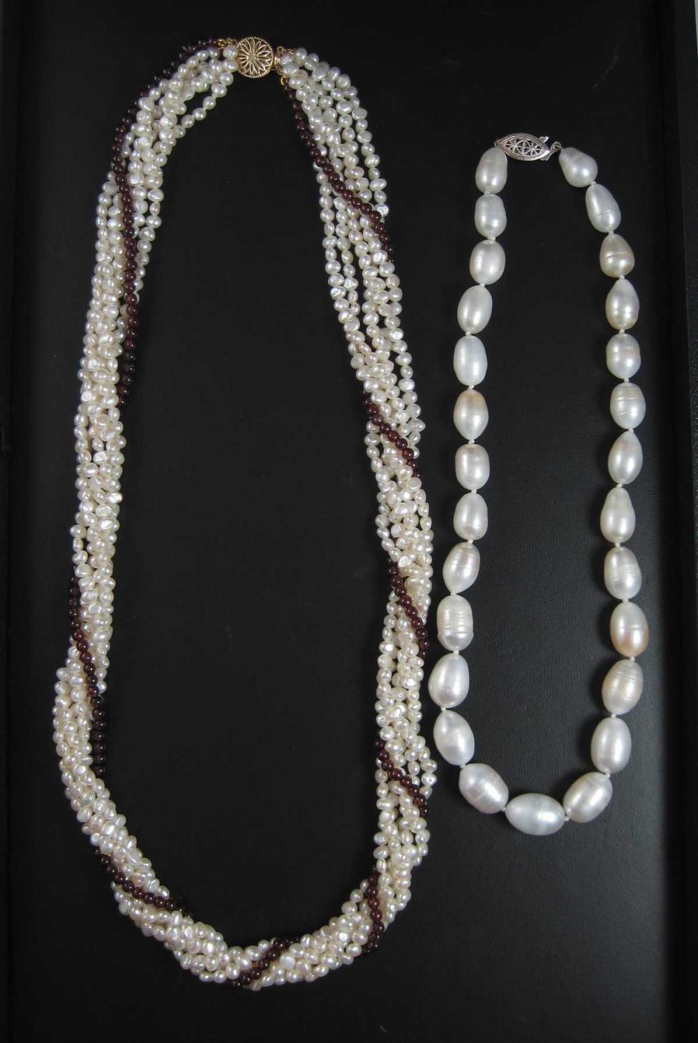 TWO WHITE PEARL NECKLACES,