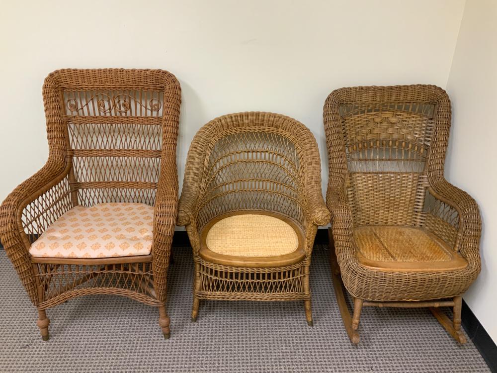 TWO WICKER ARM CHAIRS AND A ROCKING
