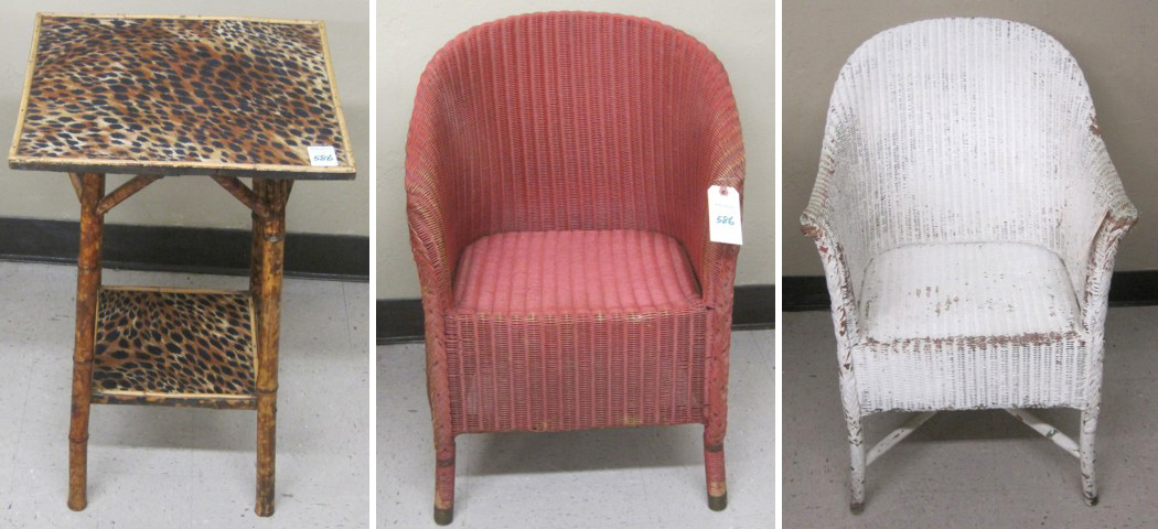 TWO WICKER ARMCHAIRS AND ONE BAMBOO