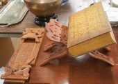 TWO WOOD BOOKSTANDS AND A BOOK