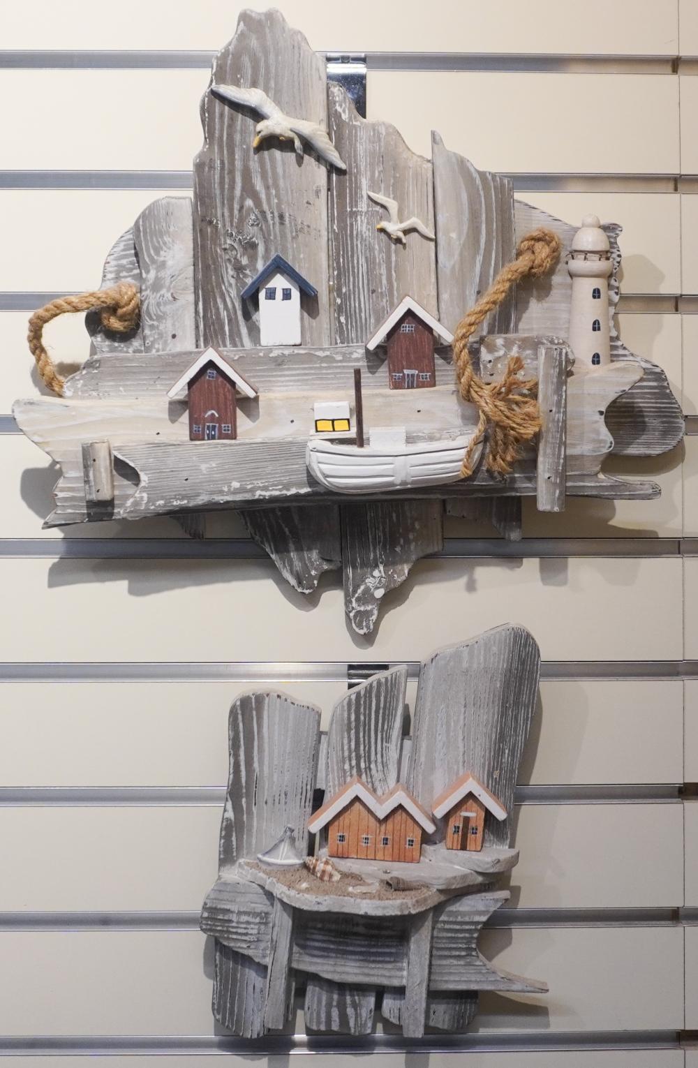 TWO WOOD SEASHORE DECORATED PANELS,